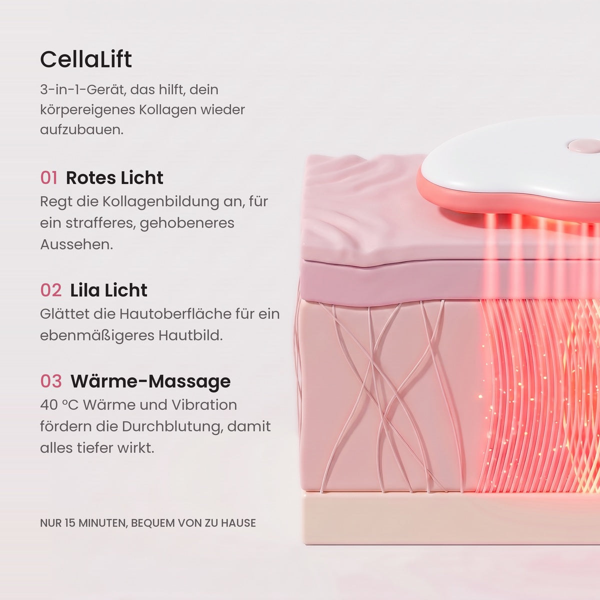 So wirkt CellaLift: Rotlicht, Lila Licht und Wärme-Massage