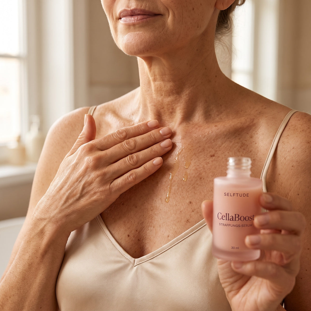 Anwendung des CellaBoost Serums am Dekolleté