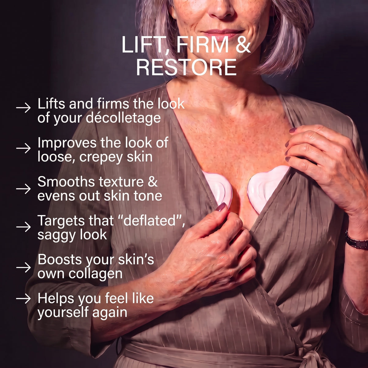 Woman wearing CellaLift pads with a list of benefits for the decolletage