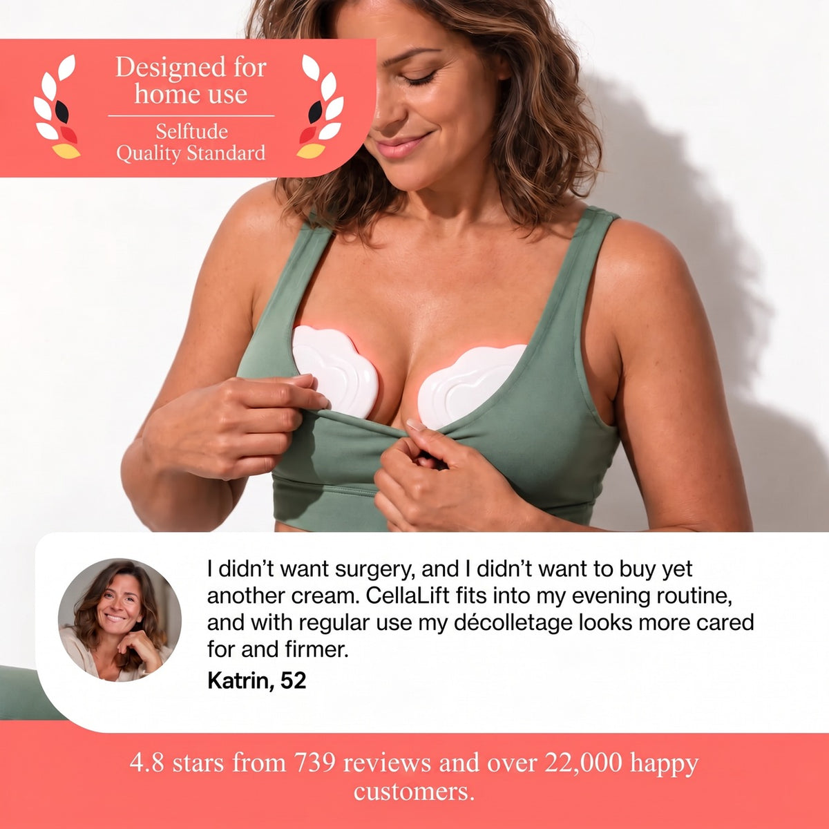 Woman wearing the CellaLift pads under her top, customer review and 4.8 star rating